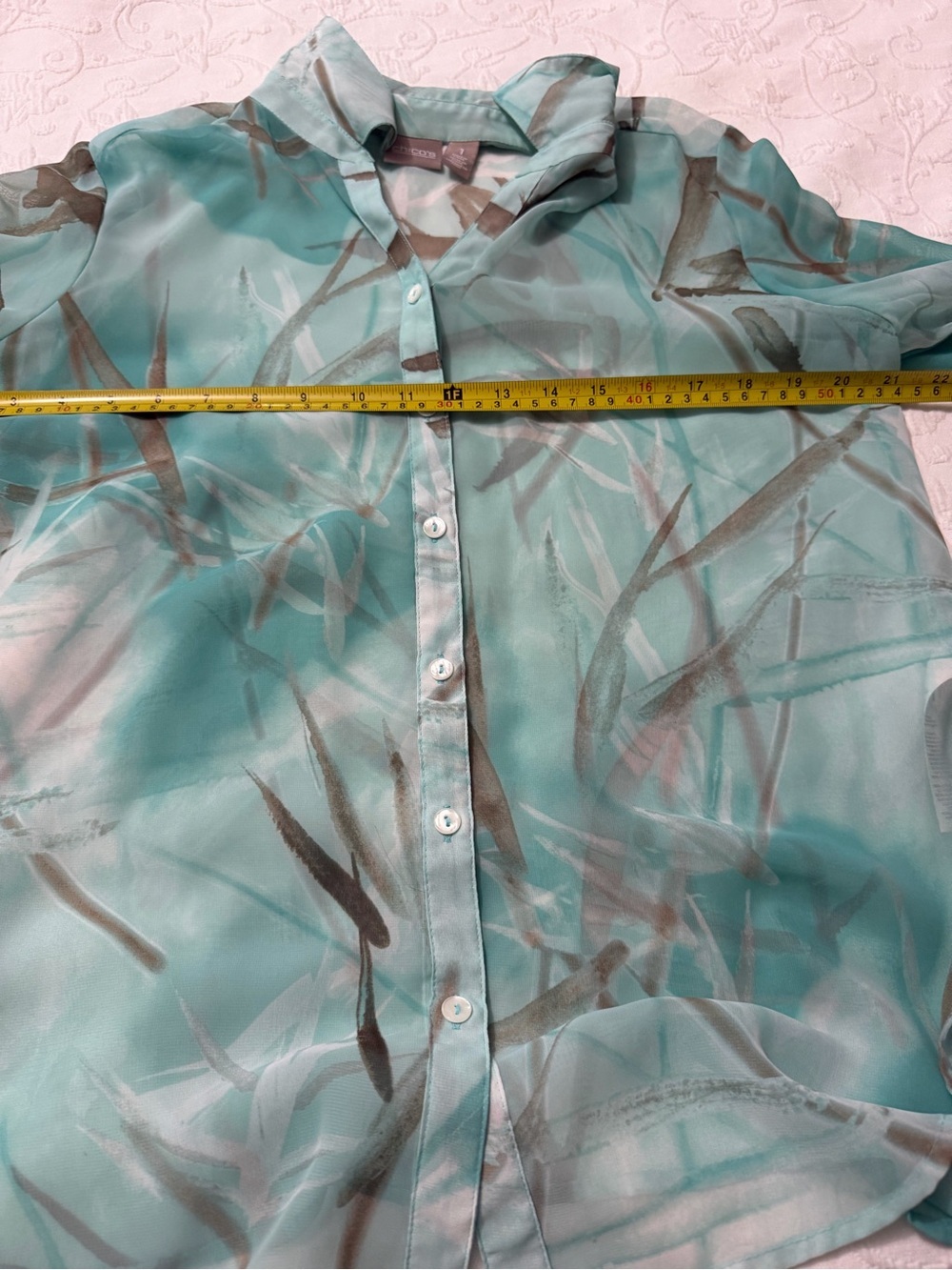 Chico's Aqua & Taupe Abstract Silk-Blend Button Front Blouse - Picture 5 of 7